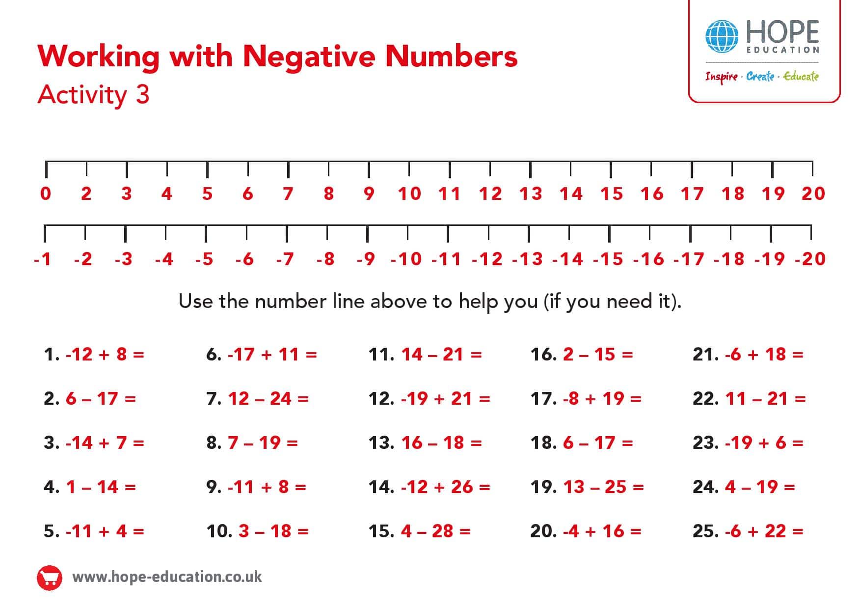 Free Printable Negative Number Subtraction Number Line Worksheets