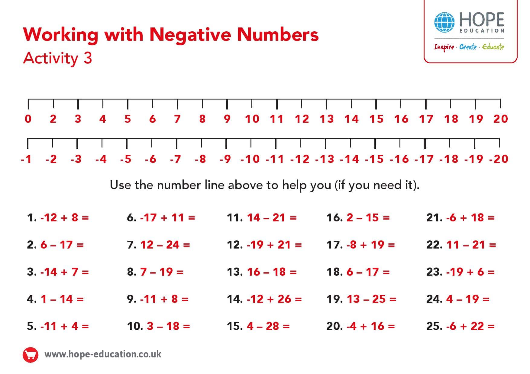 Negative Numbers Worksheet