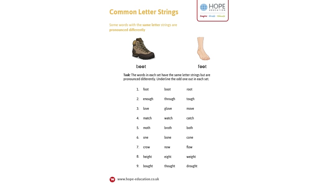 Common letter strings worksheet