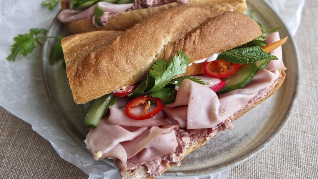 Banh Mi sandwich on a grey plate