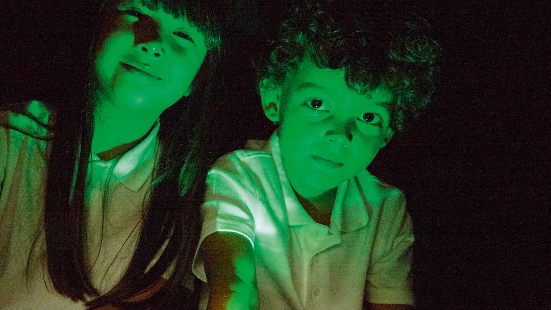 Young boy and girl playing with green Rainbow Torch in the dark