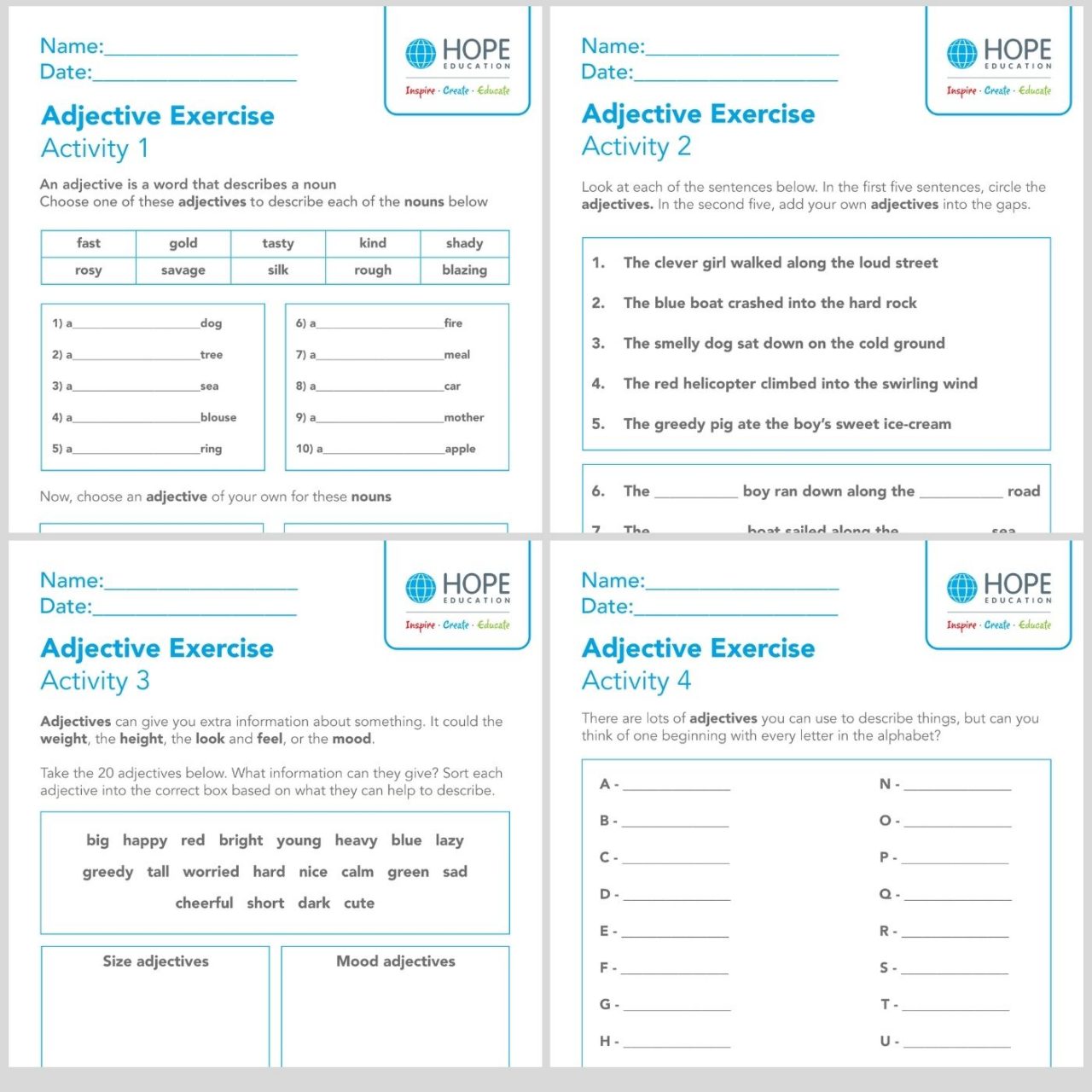 Using adjectives: Worksheet pack - Hope Blog