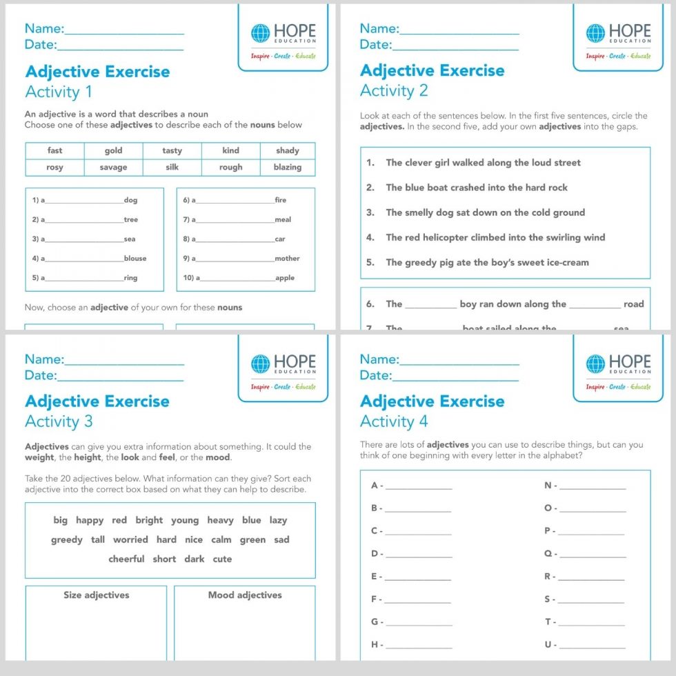 Using adjectives Worksheet pack Hope Blog