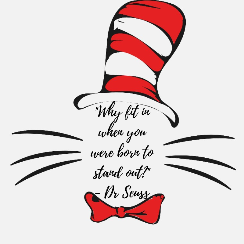 Dr Seuss quotes- quote inside cat in the hat background